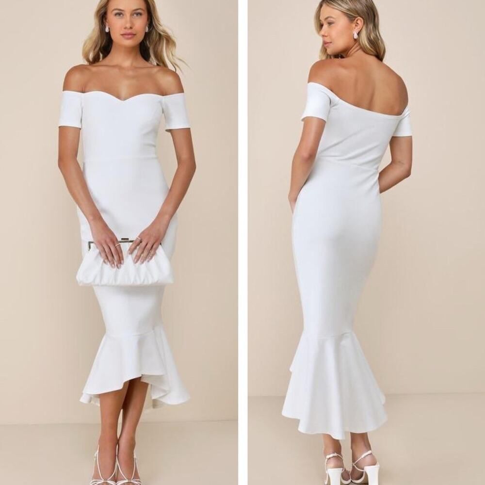Lulus How Much I Care Ivory Off-the-Shoulder Midi Dress Size XS NWT Bridal Beach